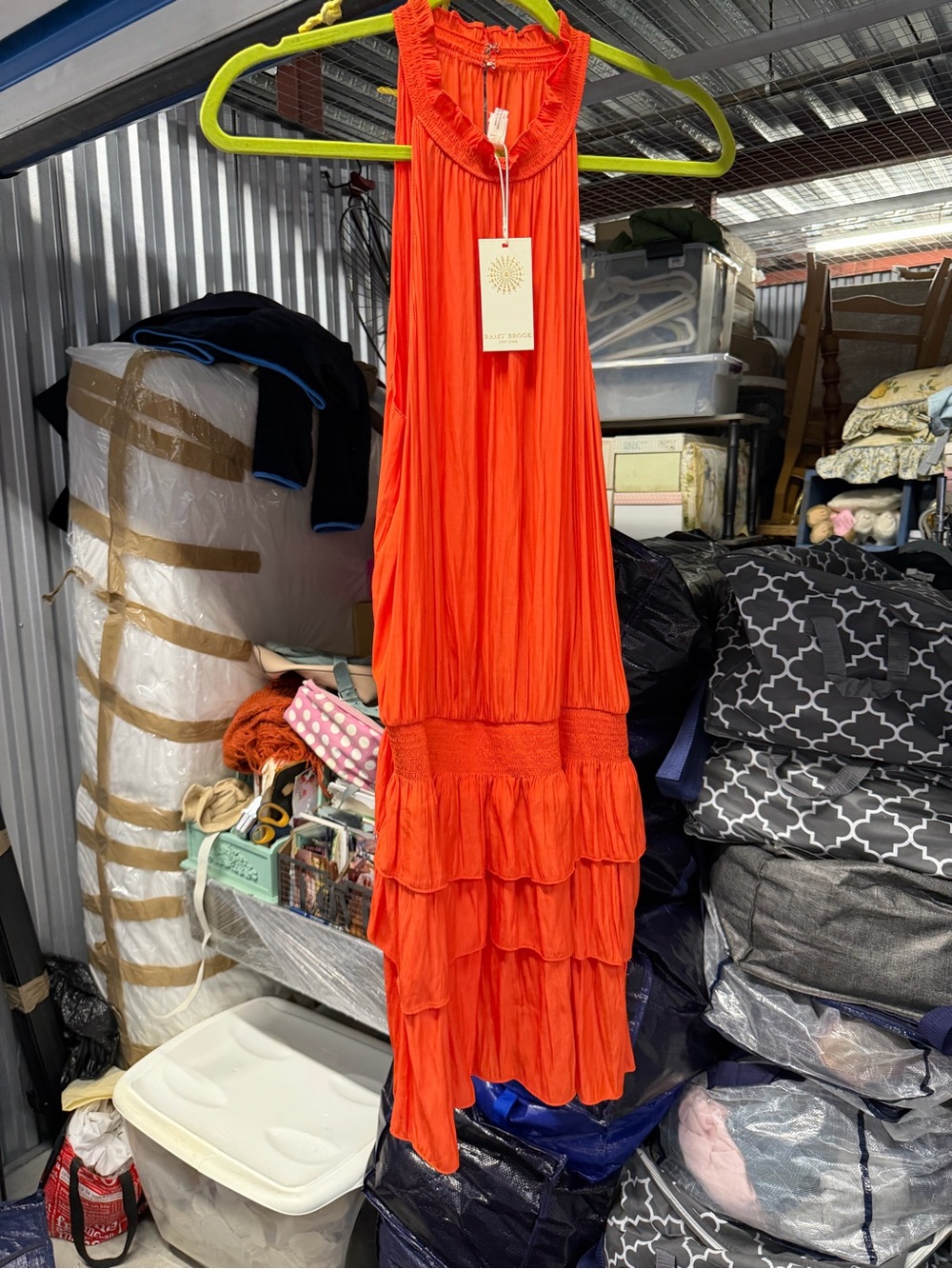 Ramy Brook Bright Orange Pleated Halter High-Low Maxi Dress